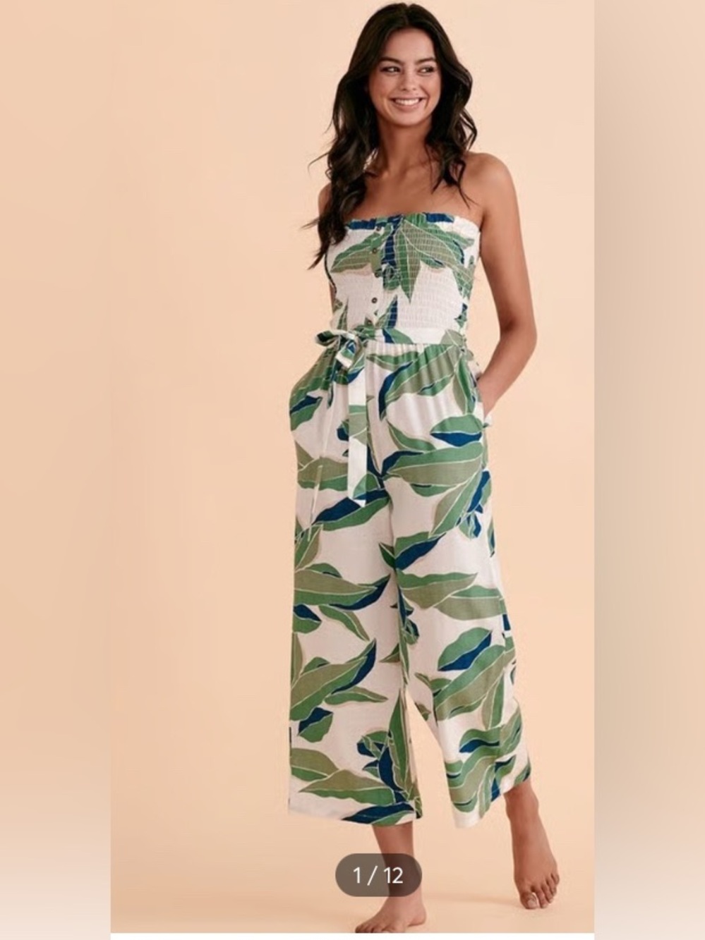 Billabong White Strapless Leaf-Print Jumpsuit with Green and Blue
